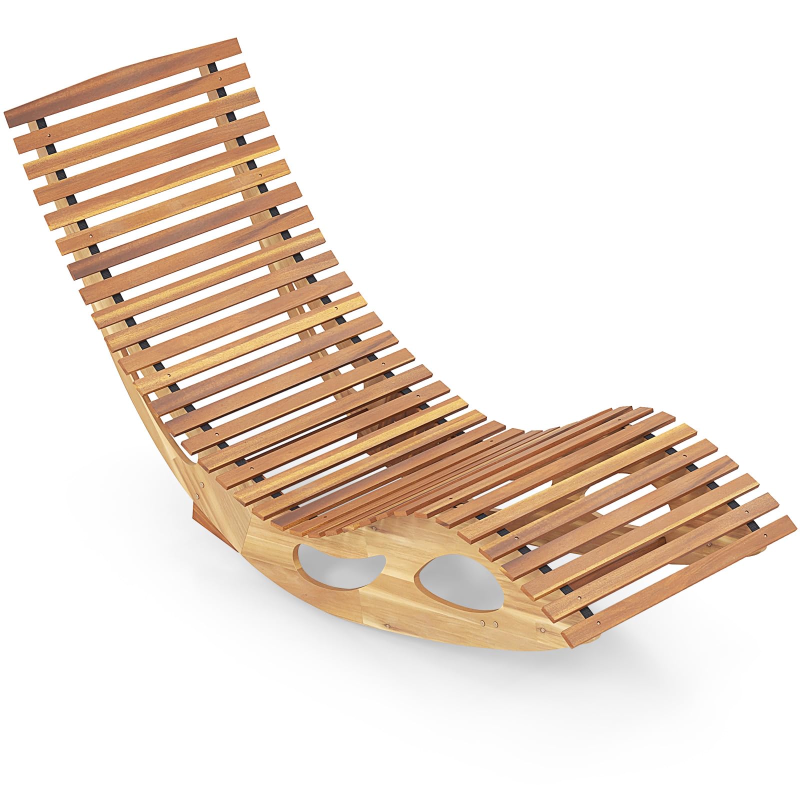 Chaise longue de jardin Tangkula, bain de soleil à bascule en bois d'acacia avec dossier et assise à lattes
